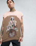Asos Super Longline T-shirt With Grim Reaper Print And Bleach Yoke - Black