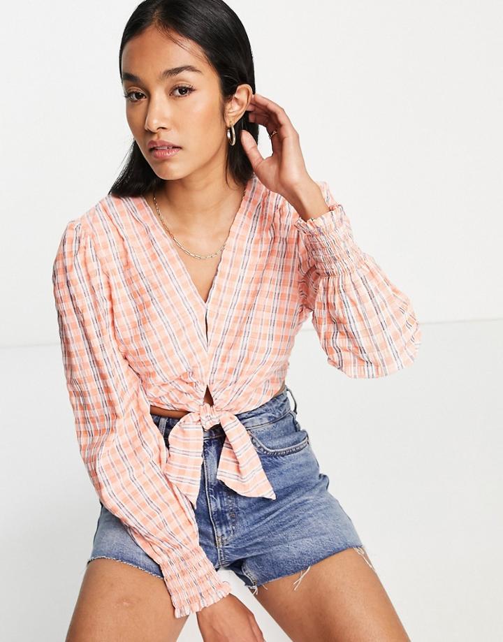 Vila Tie Front Top In Textured Check In Orange