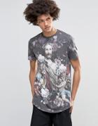 Asos Super Longline T-shirt With Renaissance Print And Curved Hem - Charcoal