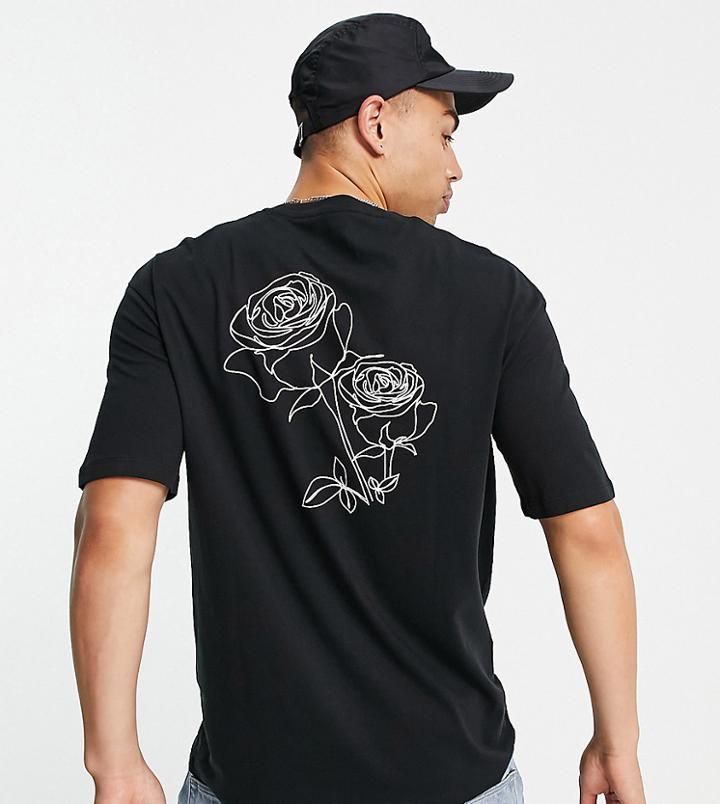 Selected Homme Organic Cotton Blend Oversized T-shirt With Rose Sketch Back Print In Black Exclusive At Asos