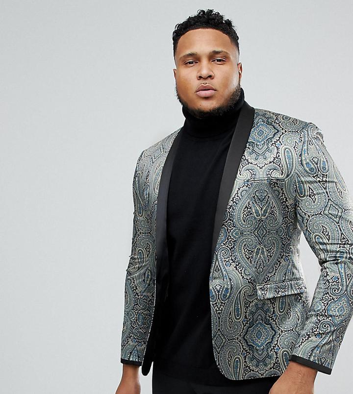Asos Plus Super Skinny Blazer With Paisley Print - Green