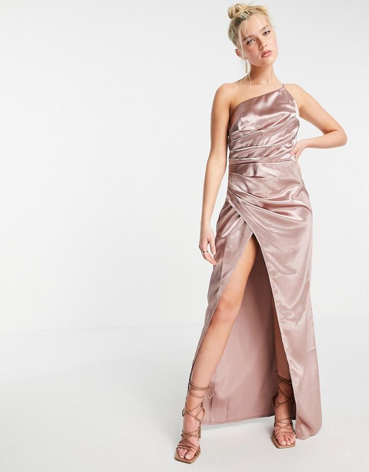 Little Mistress One Shoulder Drape Maxi Satin Dress With Split In Oyster Gray-grey