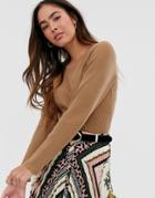 Vila Crew Neck Short Fitted Knitted Top - Tan
