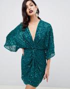 Asos Design Scatter Sequin Knot Front Kimono Mini Dress - Green