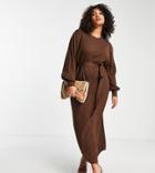 Pretty Lavish Curve Tie Waist Knitted Midaxi Dress In Chocolate Brown