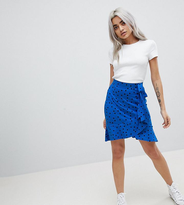 Asos Design Petite Mini Wrap Skirt In Polka Dot Print-blue