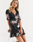 Parisian Satin Tea Dress In Black Floral Print