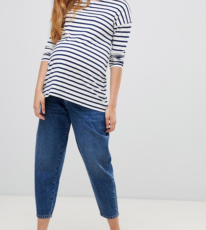 Asos Design Maternity Balloon Leg Boyfriend Jeans In Dark Blue Wash With Under The Bump Waistband