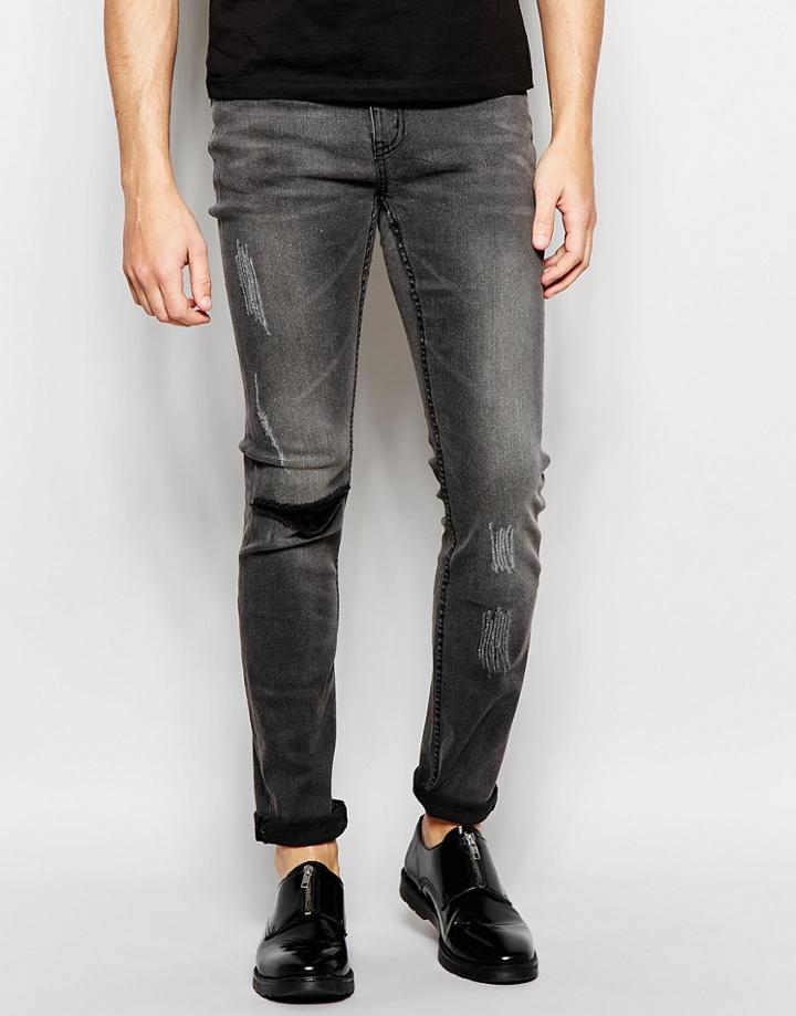 Cheap Monday Jeans Tight Stretch Skinny Fit Meltdown Black Knee Rip And Distressing - Meltdown Black
