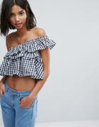 Lost Ink Bandeau Top With Frill In Gingham - Blue