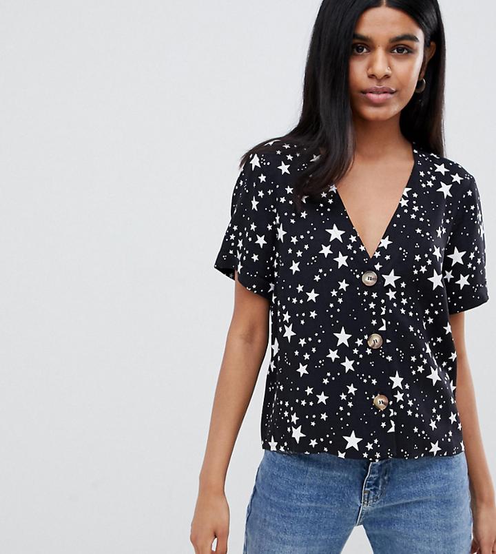Asos Design Petite Boxy V Neck Top With Contrast Buttons In Star Print - Multi
