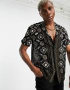 Asos Design Relaxed Revere Shirt In Sheer Metallic Embroidery-black