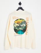 Asos Design Oversized Long Sleeve T-shirt In Cream With Mountain Back & Chest Print-white
