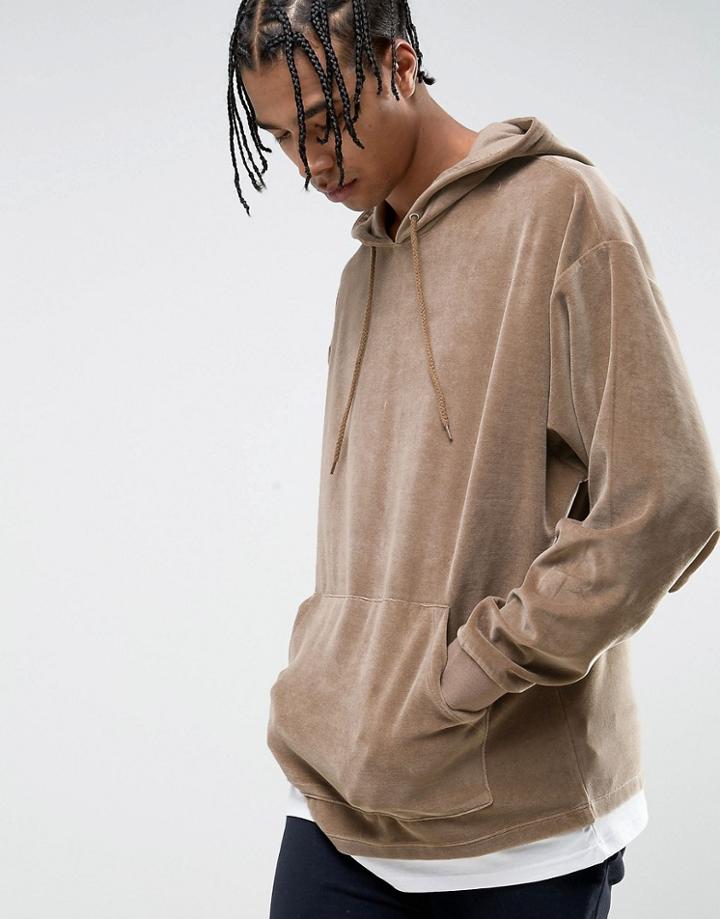 Asos Oversized Velour Hoodie With T-shirt Hem - Beige