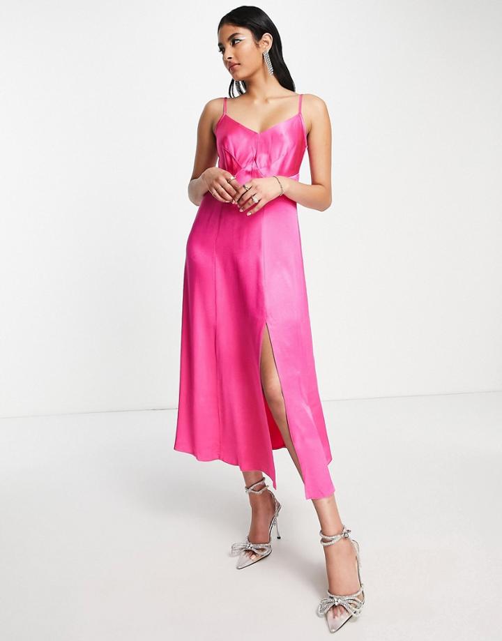 Closet London Pleated Satin Midi Dress In Fuchsia Pink