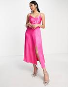 Closet London Pleated Satin Midi Dress In Fuchsia Pink