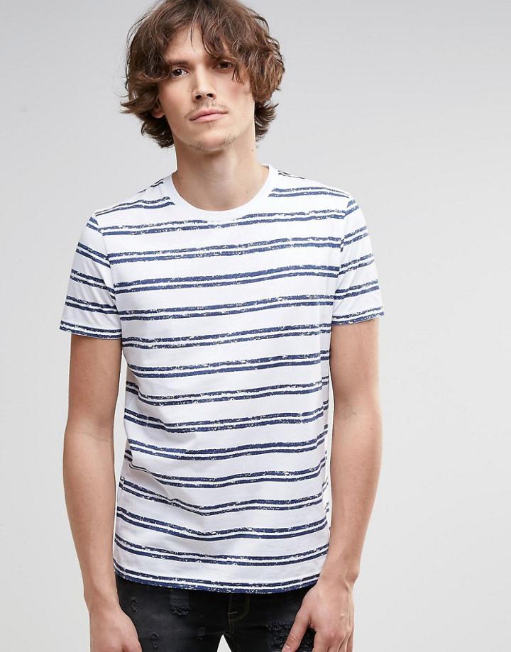 Asos T-shirt With Distressed Double Stripe In Navy