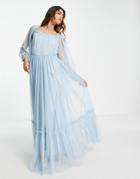 Lace & Beads Long Sleeve Maxi Dress In Powder Blue