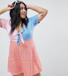 Asos Design Curve Mini Skater Sundress With Tie Front In Color Block Gingham - Multi