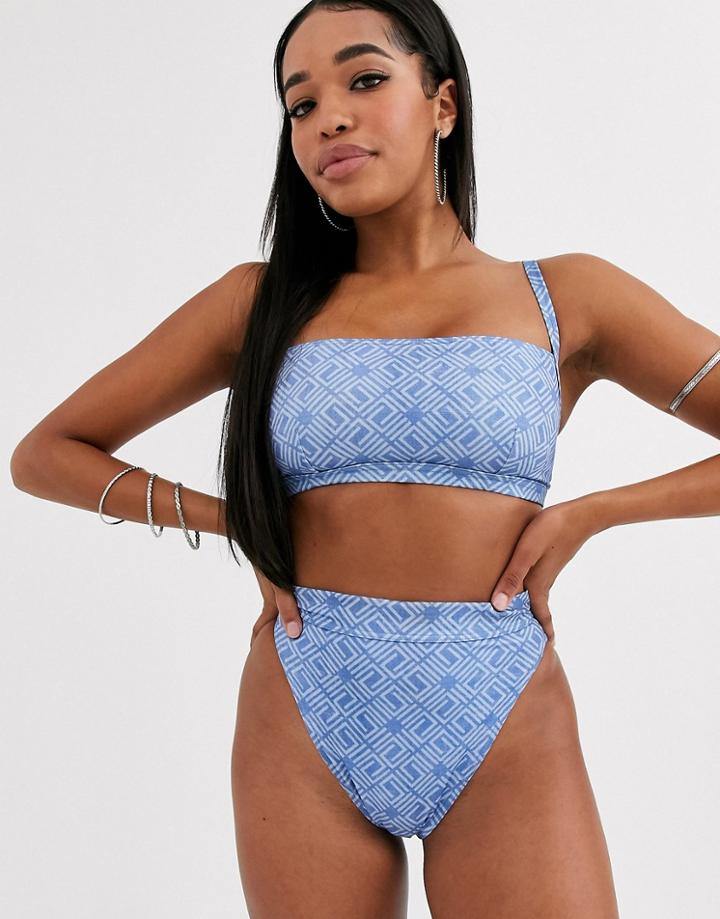 Asos Design Fuller Bust Recycled Square Neck Skinny Crop Bikini Top In Denim Look Geo Print Dd-g-white