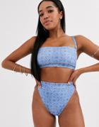 Asos Design Fuller Bust Recycled Square Neck Skinny Crop Bikini Top In Denim Look Geo Print Dd-g-white