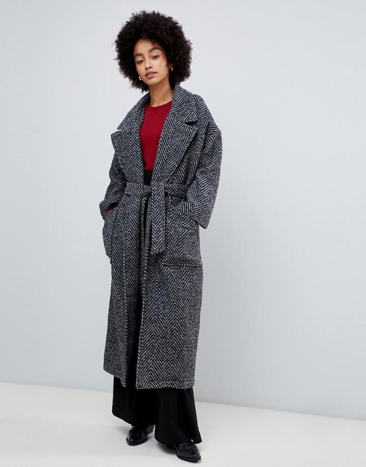 Dr Denim Wrap Coat In Herringbone - Gray