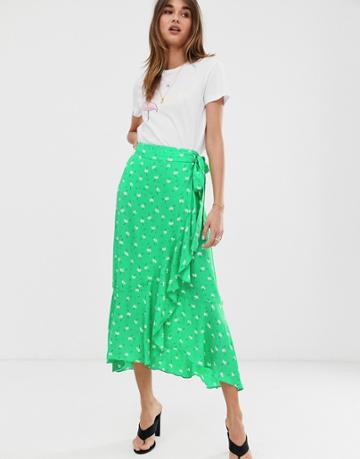 2ndday Limelight Anemone Floral Print Ruffle Wrap Midi Skirt - Green