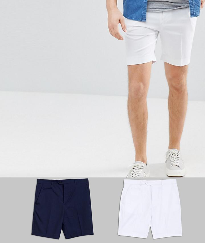 Asos Design 2 Pack Slim Mid Length Smart Shorts In White And Navy Save - Multi