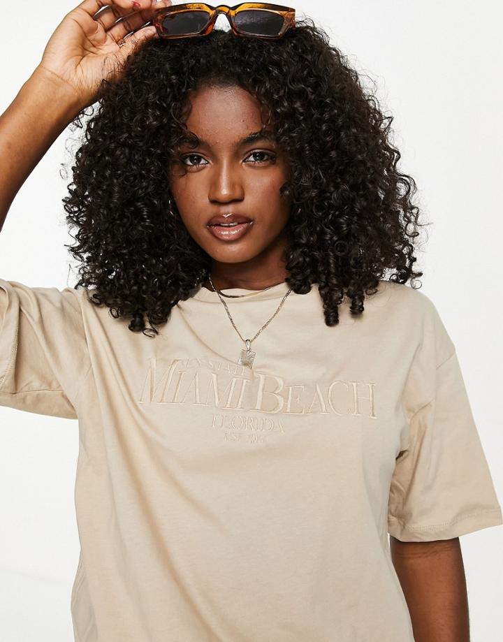 Stradivarius Miami Beach Embroidered Oversized Tee In Beige-green