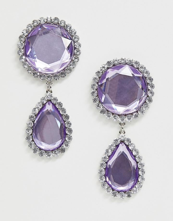Asos Design Earrings With Faceted Jewel Drop And Crystal Edge In Silver Tone - Silver