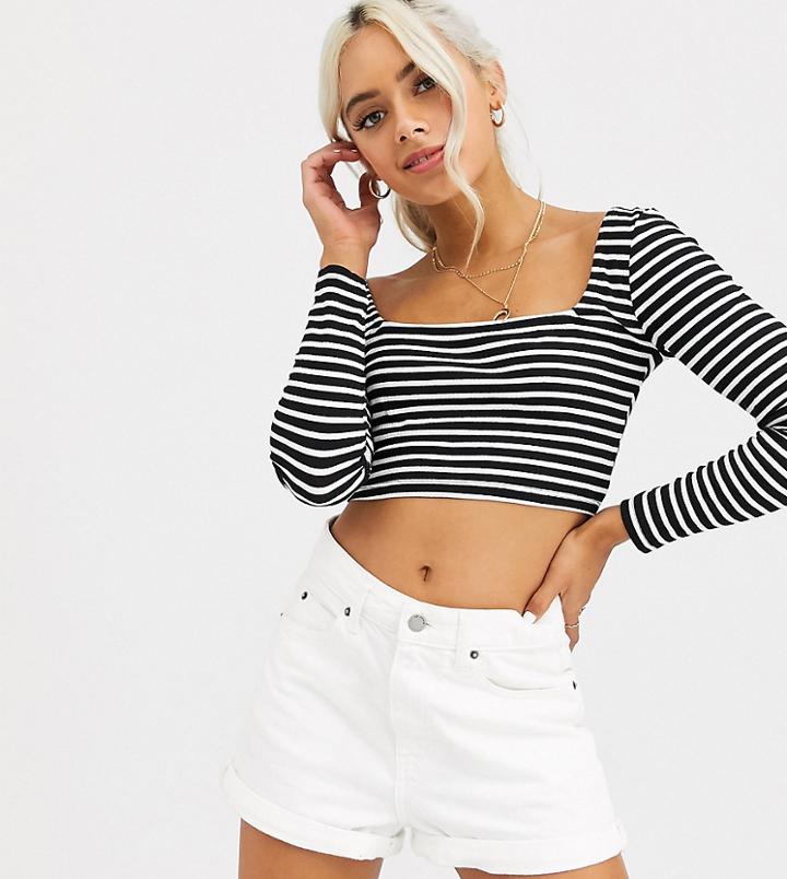 Asos Design Petite Long Sleeve Square Neck Crop Top In Stripe-multi