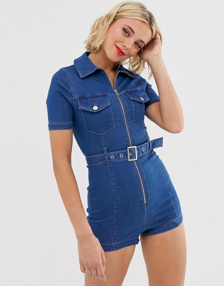 Parisian Denim Romper With Zip Front And Belt-blue