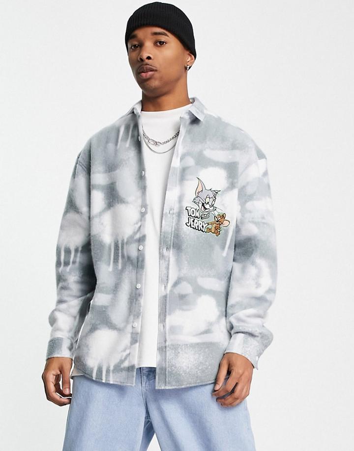 Asos Design 90s Oversized Tom & Jerry Fleece Shirt With Chest Emrboidery-gray