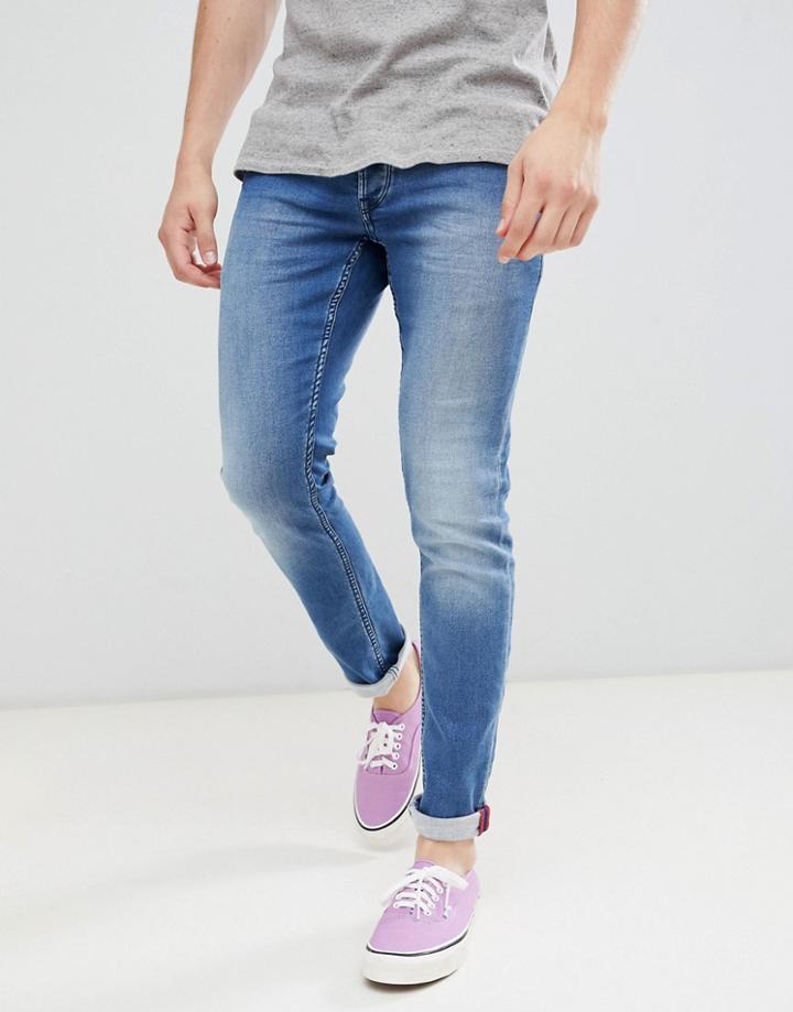 Solid Stretch Slim Jean With Crinkle Effect In Blue - Blue