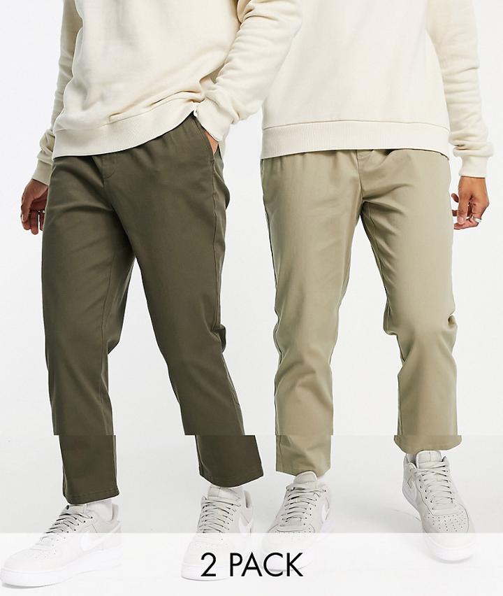 Asos Design 2 Pack Slim Chinos With Elasticated Waist In Khaki And Dark Beige Save-multi