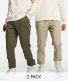 Asos Design 2 Pack Slim Chinos With Elasticated Waist In Khaki And Dark Beige Save-multi