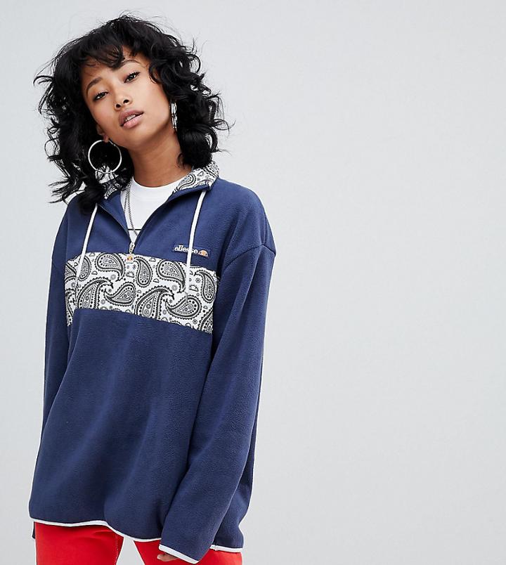 Ellesse Funnel Neck Half Zip Sweatshirt With Paisley Panel In Fleece - Navy
