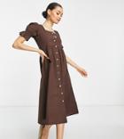 Influence Petite Button Through Mini Dress In Chocolate Brown