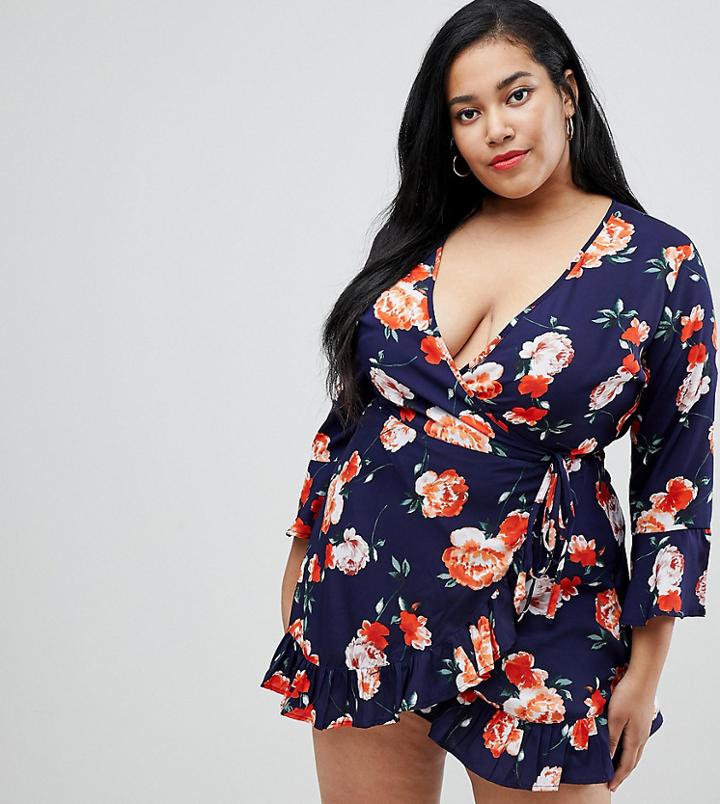 Influence Plus Floral Print Ruffle Detail Wrap Dress - Black