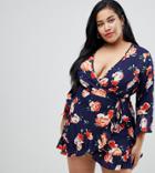 Influence Plus Floral Print Ruffle Detail Wrap Dress - Black