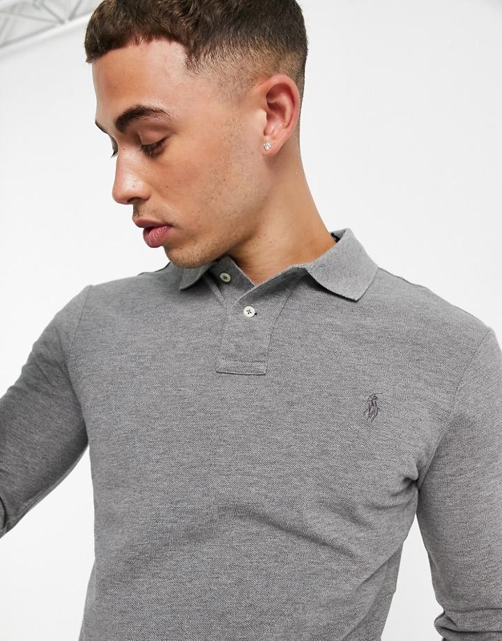 Polo Ralph Lauren Icon Logo Long Sleeve Slim Fit Pique Polo In Gray Heather