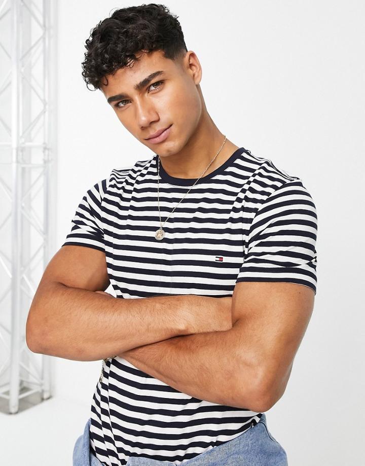 Tommy Hilfiger Organic Cotton Icon Logo Stripe Stretch Slim Fit T-shirt In Navy