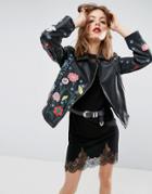Asos Floral Embroidered Leather Biker Jacket - Black