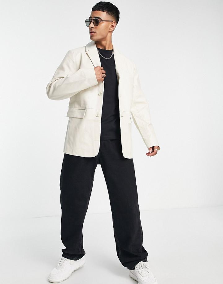 Asos Design Real Leather Blazer Jacket In Ecru-neutral