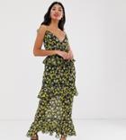 Dark Pink Cami Strap Midi Chiffon Dress In Yellow Floral - Yellow