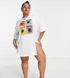 Collusion Plus Strawberry Graphic Beach T-shirt Dress In Slub With Front Slit-white