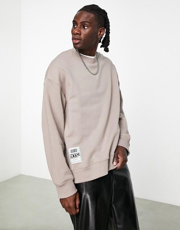 Topman Oversized Nyc Woven Tab Sweatshirt In Gray-grey