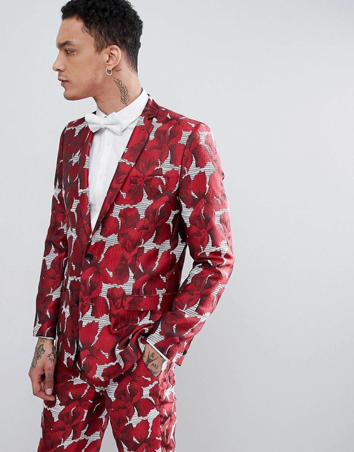Asos Edition Skinny Suit Jacket In Red Floral Jaquard - Red
