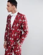 Asos Edition Skinny Suit Jacket In Red Floral Jaquard - Red