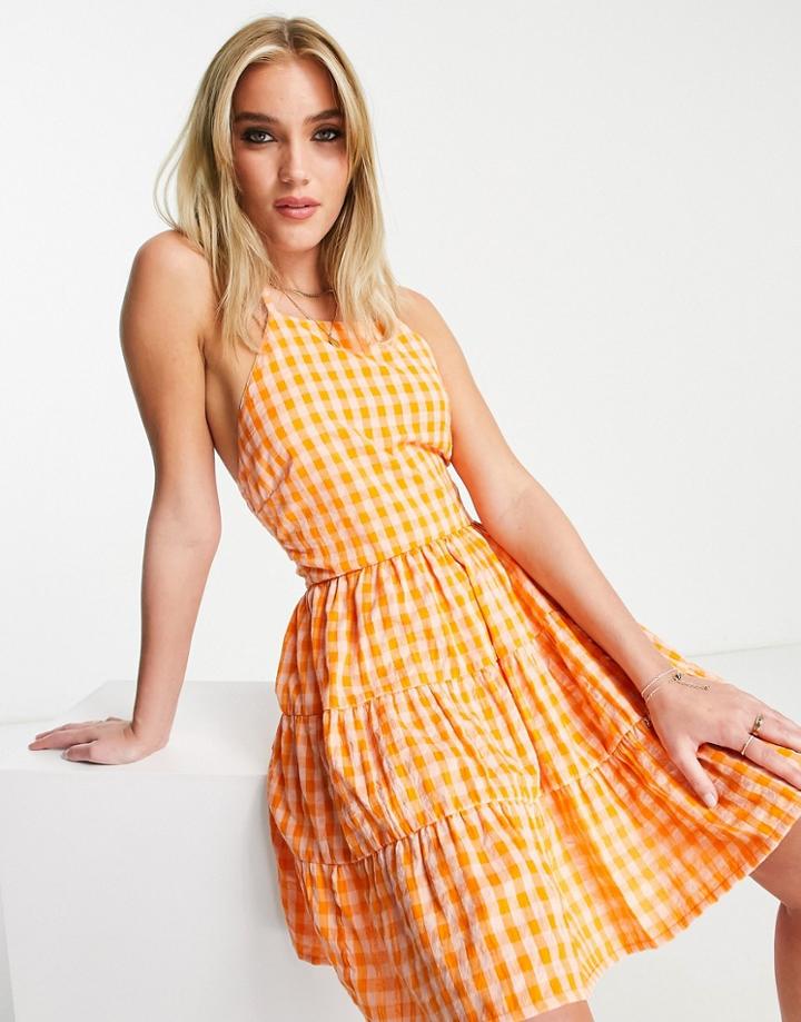 Influence Tiered Mini Cami Dress With Bow Back In Orange Gingham